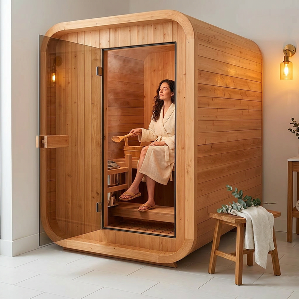 Indoor Cedar Sauna Crafted for Home Wellness, Canadian Red Cedar, Tempered Glass Door, Compact Design