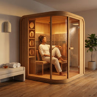 Salt Therapy Room Built for Shared Wellness Sessions, Curved Glass Design, Radiant Heat Bench, Micro-Salt Diffuser — Lifestyle